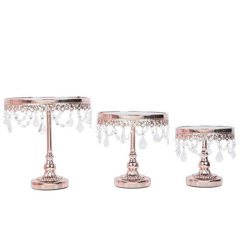  BalsaCircle Cake Stands BalsaCircle Rose Gold Set of 3 Round Centerpieces Cake Stands with Crystal Chains - Birthday Party Wedding Dessert Pedestal Riser