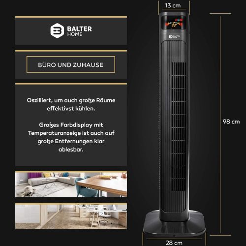  [아마존베스트]Balter Tower Fan with Remote Control, Quiet, Standing Fan, 98 cm Tall, 3 Speed Levels, Wind/Sleep Modes, Timer, 80° Oscillating, Black