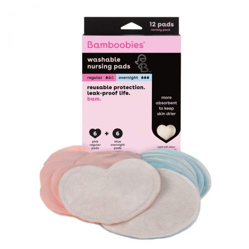  Bamboobies Reusable Nursing Pads (6 Pairs), for Breastfeeding, Super-Soft and Washable Pads, Variety Pack: 3 Pairs of Regular + 3 Pairs of Overnight