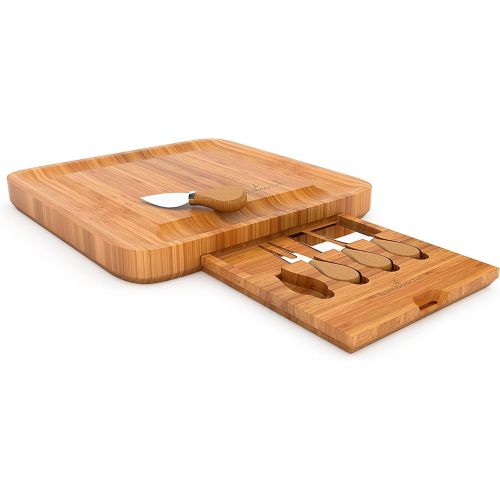  [아마존베스트]Bamboochef Bamboo Cheese Board and Knife Set in Kraft Gift Box - Charcuterie Serving Platter - Unique Gift for Housewarming, Birthdays, Mom, Wedding  Hidden Cutlery Tray