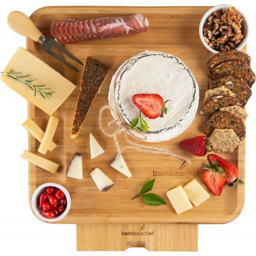  [아마존베스트]Bamboochef Bamboo Cheese Board and Knife Set in Kraft Gift Box - Charcuterie Serving Platter - Unique Gift for Housewarming, Birthdays, Mom, Wedding  Hidden Cutlery Tray