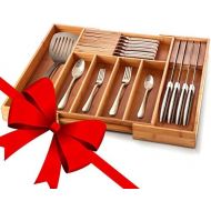 [아마존 핫딜]  [아마존핫딜]Bambuesi Premium Bamboo Utensil Drawer Organizer - Expandable Cutlery Tray Silverware Holder with 2 Removable Knife Blocks