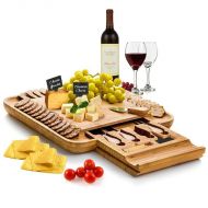 Bambusi Bamboo Cheese Board & Cutlery Set - Cheese And Crackers Serving Board With Equipped Slide Out Drawer That Comes With 4 Stainless Steel Knife And Server Set - Includes 3 Lab