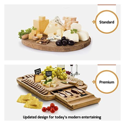  Bambusi Bamboo Cheese Board & Cutlery Set - Cheese And Crackers Serving Board With Equipped Slide Out Drawer That Comes With 4 Stainless Steel Knife And Server Set - Includes 3 Lab