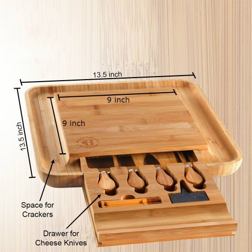  Bambusi Bamboo Cheese Board & Cutlery Set - Cheese And Crackers Serving Board With Equipped Slide Out Drawer That Comes With 4 Stainless Steel Knife And Server Set - Includes 3 Lab