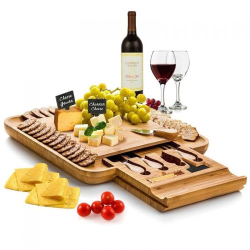  Bambusi Bamboo Cheese Board & Cutlery Set - Cheese And Crackers Serving Board With Equipped Slide Out Drawer That Comes With 4 Stainless Steel Knife And Server Set - Includes 3 Lab