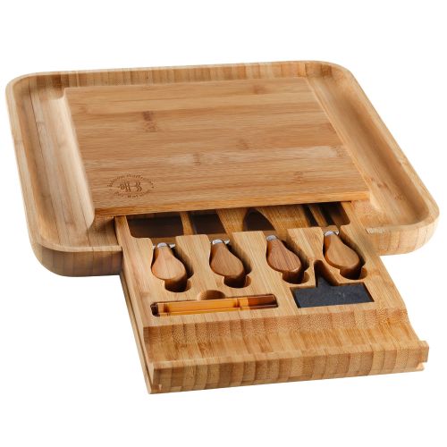  Bambusi Bamboo Cheese Board & Cutlery Set - Cheese And Crackers Serving Board With Equipped Slide Out Drawer That Comes With 4 Stainless Steel Knife And Server Set - Includes 3 Lab