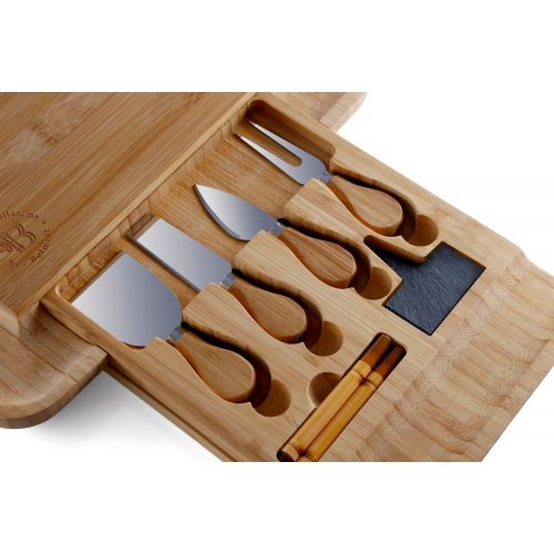  Bambusi Bamboo Cheese Board & Cutlery Set - Cheese And Crackers Serving Board With Equipped Slide Out Drawer That Comes With 4 Stainless Steel Knife And Server Set - Includes 3 Lab