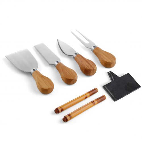  Bambusi Bamboo Cheese Board & Cutlery Set - Cheese And Crackers Serving Board With Equipped Slide Out Drawer That Comes With 4 Stainless Steel Knife And Server Set - Includes 3 Lab