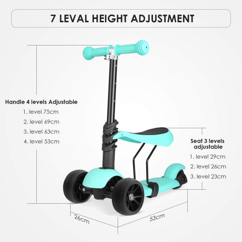  Bamny Kinderroller Kickboard Kinderscooter Laufrad 2 in 1 mit verbreiterten Rollen und abnehmbarem Sitz, hoehenverstellbarer Lenker und LED Leuchtrollen, Tretroller fuer Babys/Kinder