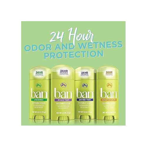  Ban Powder Fresh 24-hour Invisible Antiperspirant, 2.6oz Solid Deodorant, Underarm Wetness Protection, with Odor-fighting Ingredients (4 Pack)