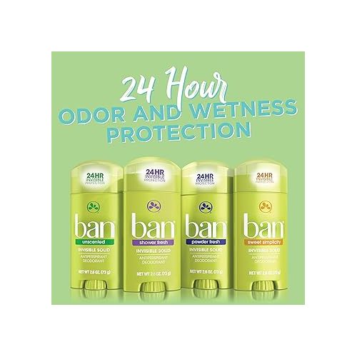  Ban Original Unscented 24-hour Invisible Antiperspirant, Solid Deodorant for Women and Men, Underarm Wetness Protection, with Odor-fighting Ingredients, 2.6 oz (Pack of 6)