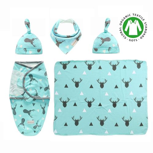  Banana Baby Premium Set of 5Pcs - Adjustable Infant Baby Wrap (Sleeping Bag with Hat) + Newborn Baby Swaddle Blanket with Hat + Baby Bandana Drool Bib for Drooling and Teething - Receiving Bla