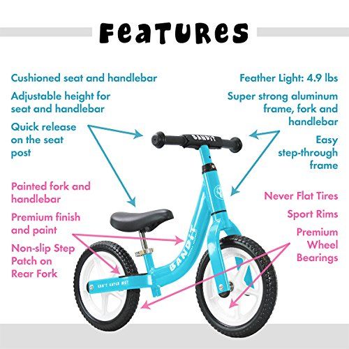  Bandit Bicycles Balance Bike for Kids - Super Light - Never Flat Tires - California Based Company - Quick Release and Ergonomic Seating for better posture - Easiest Assembly!