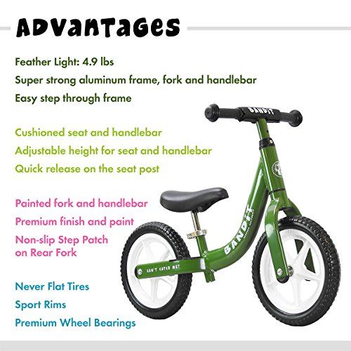  Bandit Bicycles Balance Bike for Kids - Super Light - Never Flat Tires - California Based Company - Quick Release and Ergonomic Seating for better posture - Easiest Assembly!