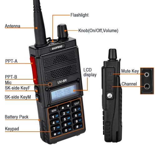  BaoFeng Two Way Radio, Baofeng UV-8R (Upgraded UV-5R) 8-Watt Ham Radio Transceiver Walkie Talkies Dual Band (136-174MHz VHF & 400-520MHz UHF), VOX Function with Earpiece, Extended Antenna
