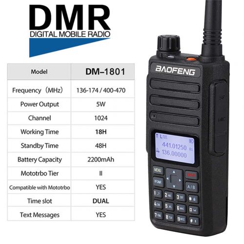  BaoFeng DM-1801 DMR and Analog VHF/UHF Dual Band Dual Time Slot DMR Ham Amateur Two Way Radio 1024 Channels Tier I & II Compatible with MOTOTRBO, Free Programming Cable