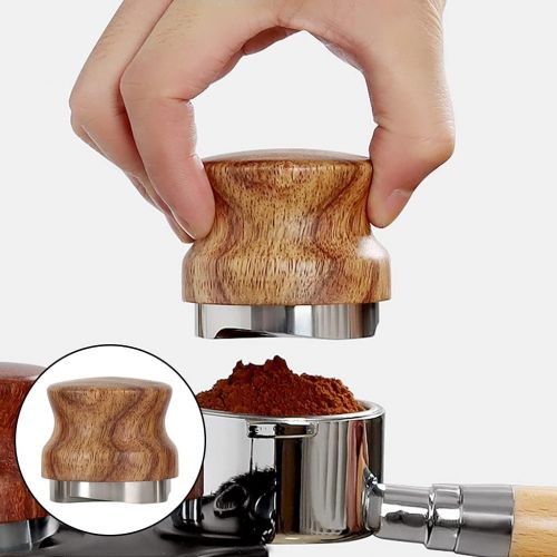  Baoblaze Stainless Steel Coffee Grind Distributor Coffee Leveler Espresso Tamper Distribution Tool Rustproof Three Angled Slopes - Wood Silver, 51mm