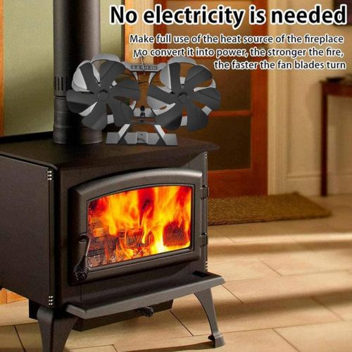  Baoblaze Upgrade Dual 6 Blades Fireplace Fan, Fuel Cost Saving Eco Friendly Double Heat Powered Stove Fan for Wood/Log Burner/Fireplace Total 12 Blades Black