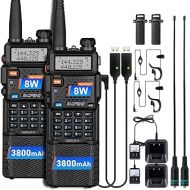 Baofeng UV-5R Ham Radio Handheld 8 Watt Two Way Radio Walkie Talkies Long Range Dual Band USB Rechargerable 3800mAh Battery Earpiece 2 Pack