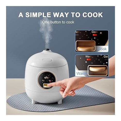  Bear Rice Cooker 2-Cups Uncooked, 1.2L Small Rice Cooker with Non-stick Coating, BPA Free, Portable Mini Rice Cooker, One Button to Cook and Keep Warm Function, White