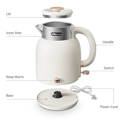  Bear ZDH-C15C1 Electric Kettle for Coffee & Tea, Stainless Steel Hot Water Boiler with Keep Warm Function, Auto Shut-Off, BPA Free, 1.5l, Ivory White