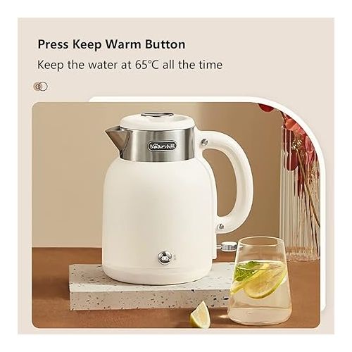  Bear ZDH-C15C1 Electric Kettle for Coffee & Tea, Stainless Steel Hot Water Boiler with Keep Warm Function, Auto Shut-Off, BPA Free, 1.5l, Ivory White