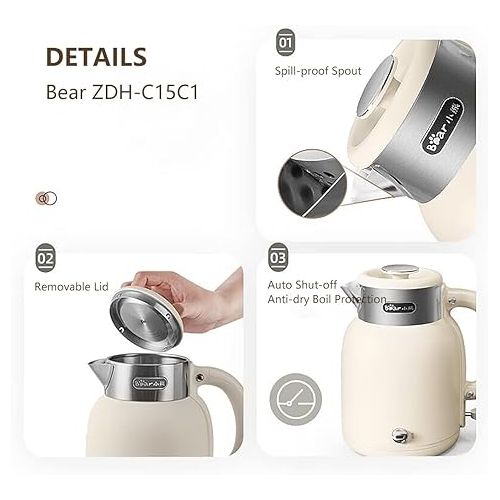  Bear ZDH-C15C1 Electric Kettle for Coffee & Tea, Stainless Steel Hot Water Boiler with Keep Warm Function, Auto Shut-Off, BPA Free, 1.5l, Ivory White