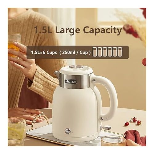  Bear ZDH-C15C1 Electric Kettle for Coffee & Tea, Stainless Steel Hot Water Boiler with Keep Warm Function, Auto Shut-Off, BPA Free, 1.5l, Ivory White