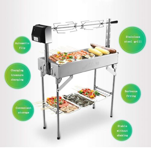  Barbecue Tool Sets Grill Charcoal Grill Stainless Steel Oven Patio Grill Accessories Picnic BBQ Rotating Fork Foldable (Color : Silver, Size : 71.531.570cm)