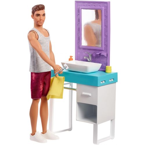 바비 Barbie Bathroom-Themed Playset with Shaving Ken Doll and Sink/Mirror