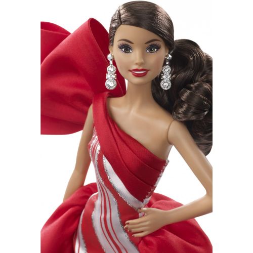 바비 Barbie 2019 Holiday Doll, Brunette Side Ponytail with Red & White Gown