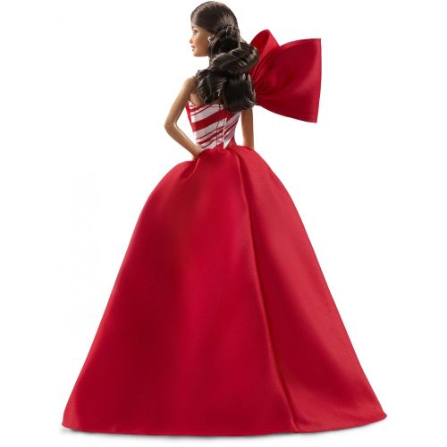 바비 Barbie 2019 Holiday Doll, Brunette Side Ponytail with Red & White Gown