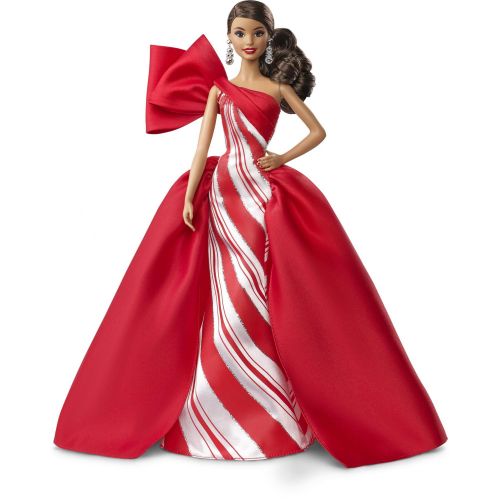 바비 Barbie 2019 Holiday Doll, Brunette Side Ponytail with Red & White Gown