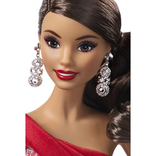 바비 Barbie 2019 Holiday Doll, Brunette Side Ponytail with Red & White Gown