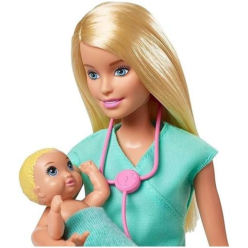 바비 Barbie Careers Doll & Playset, Baby Doctor Theme with Blonde Fashion Doll, 2 Baby Dolls, Furniture & Accessories