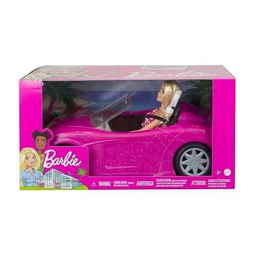 바비 Barbie Doll & Car Playset, Sparkly Pink 2-Seater Toy Convertible with Glam Details & Fashion Doll in Sundress & Sunglasses (Amazon Exclusive)