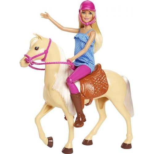 바비 Barbie Doll & Toy Horse Set, Blonde Fashion Doll in Riding Outfit & Light Brown Horse with Saddle, Bridle & Reins