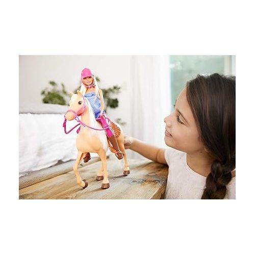 바비 Barbie Doll & Horse Set, Blonde Fashion Doll in Riding Outfit & Light Brown Horse with Saddle, Bridle & Reins