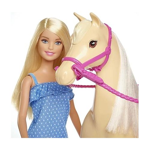 바비 Barbie Doll & Horse Set, Blonde Fashion Doll in Riding Outfit & Light Brown Horse with Saddle, Bridle & Reins