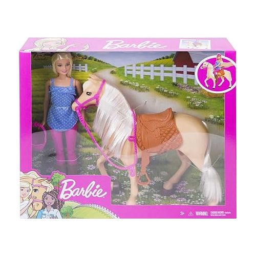 바비 Barbie Doll & Horse Set, Blonde Fashion Doll in Riding Outfit & Light Brown Horse with Saddle, Bridle & Reins