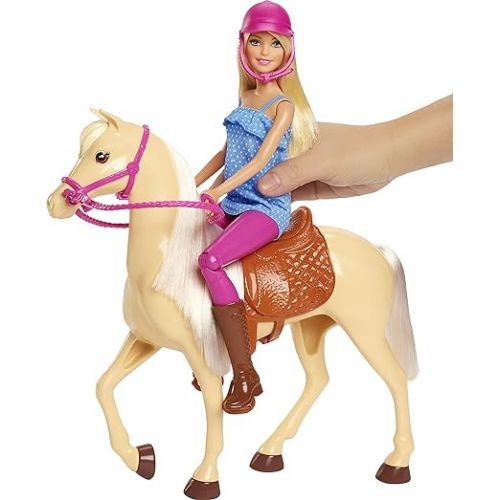 바비 Barbie Doll & Toy Horse Set, Blonde Fashion Doll in Riding Outfit & Light Brown Horse with Saddle, Bridle & Reins