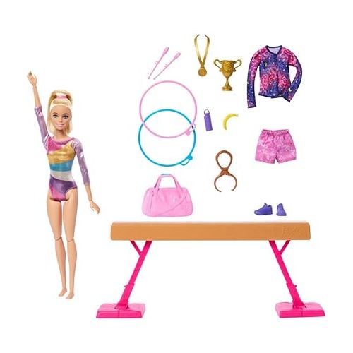 바비 Barbie Gymnastics Doll & Accessories, Playset with Blonde Fashion Doll, C-Clip for Flipping Action, Balance Beam, Warm-Up Suit & More