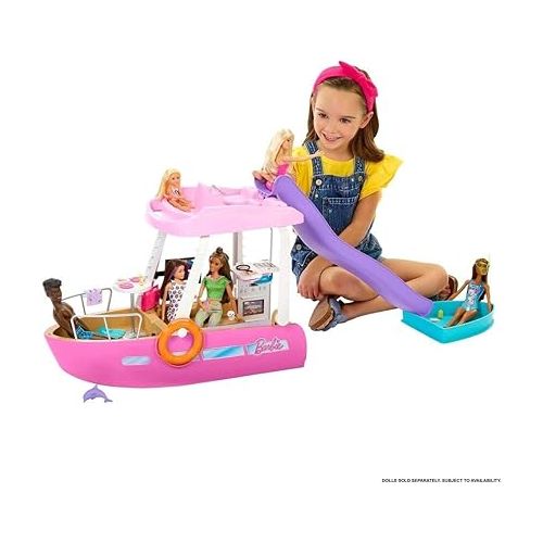 바비 Barbie Toy Boat Playset, Dream Boat with 20+ Ocean-Themed Accessories Sized to Fashion Dolls Including Pool, Slide & Dolphin,
