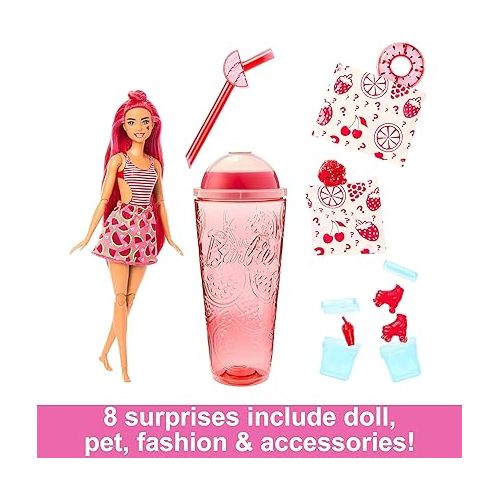 바비 Barbie Pop Reveal Doll & Accessories, Watermelon Crush Scent with Red Hair, 8 Surprises Include Slime & Squishy Puppy