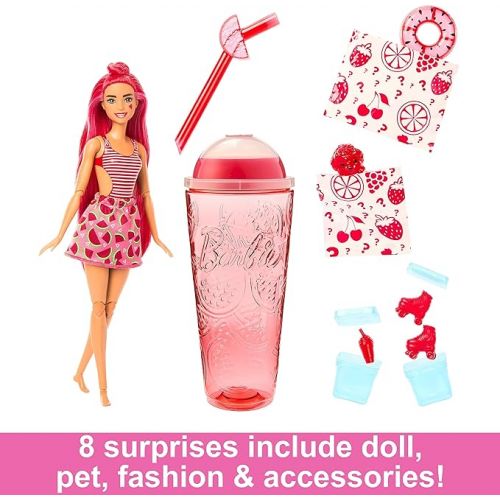 바비 Barbie Pop Reveal Doll & Accessories, Watermelon Crush Scent with Red Hair, 8 Surprises Include Slime & Squishy Puppy