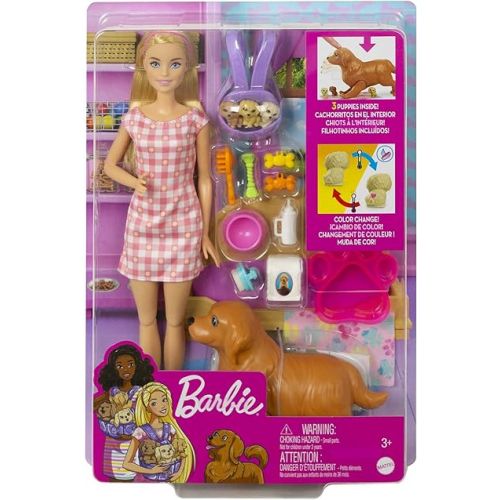 바비 Barbie Doll & Pets, Blonde Doll with Mommy Dog, 3 Newborn Puppies with Color-Change Feature & Pet Accessories