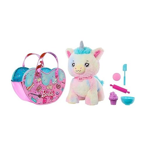 바비 Barbie Stuffed Animals, Unicorn Toys, Plush Unicorn with Dessert-Themed Purse Playset and 5 Accessories, Chef Pet Adventure