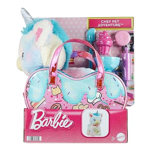 바비 Barbie Stuffed Animals, Unicorn Toys, Plush Unicorn with Dessert-Themed Purse Playset and 5 Accessories, Chef Pet Adventure