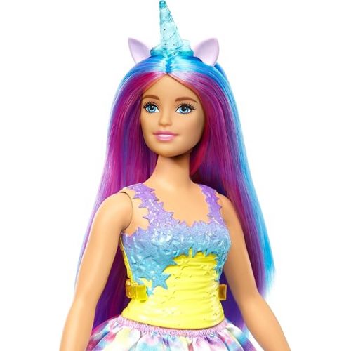 바비 Barbie Dreamtopia Doll with Removable Unicorn Headband & Tail, Blue & Purple Fantasy Hair & Rainbow Skirt, Unicorn Toy